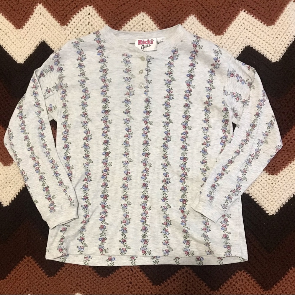 90s vintage Ricki Girls floral thermal Henley girl’s 14 women’s xs small